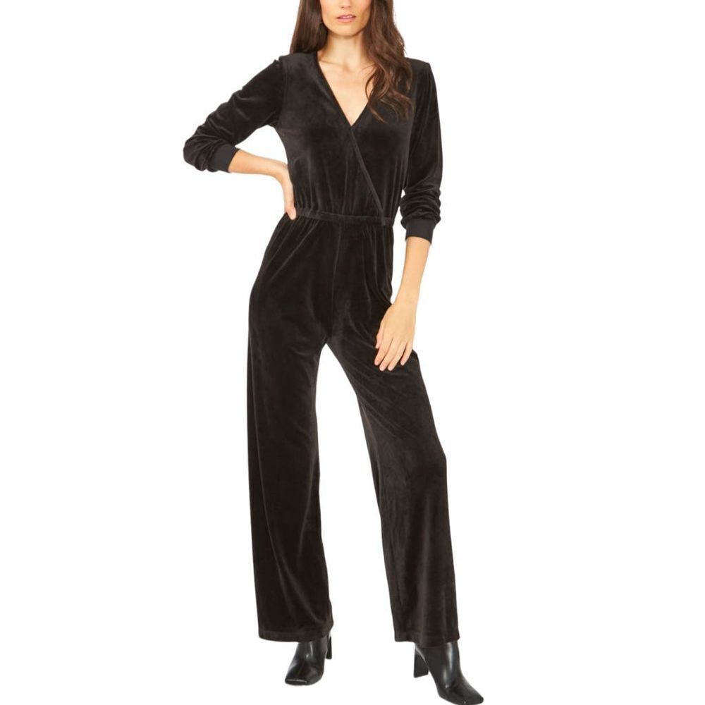 1 State Women's Jumpsuit Velvet Wide Leg Cross Front V-Neck Holiday Black M NWT